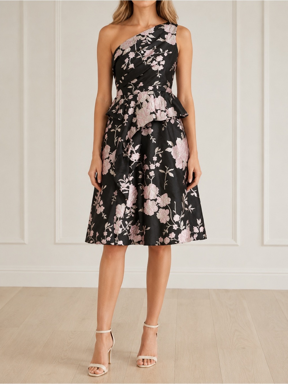 NWT Adrianna Papell Size 6 Black Pink Floral Jacquard One Shoulder Dress Peplum